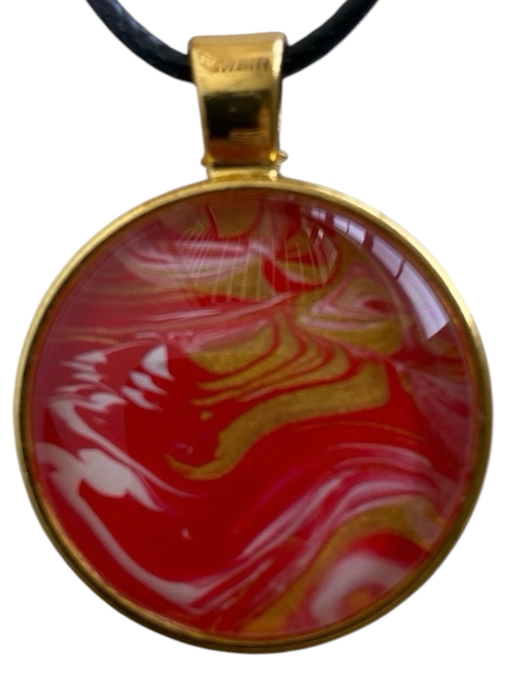 Hand Crafted Red and Gold Fluid Art Pendant Necklace by Svetlana Yeung